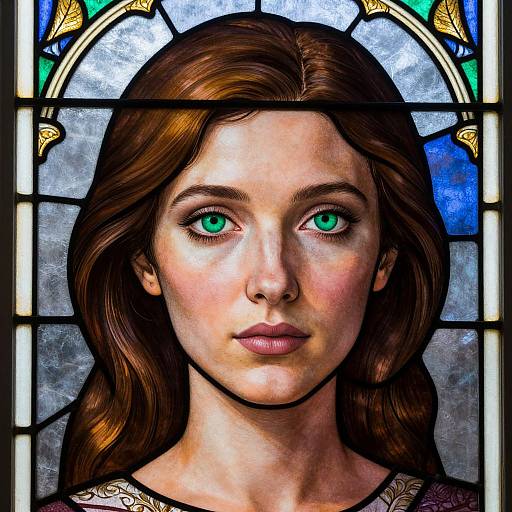 Digital artwork of a young woman with green eyes, brown wavy hair, and fair skin, set in a stained glass window frame.