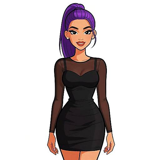 Digital anime-style drawing of a confident woman with purple hair in a high ponytail, wearing a form-fitting black dress with sheer sleeves, against a