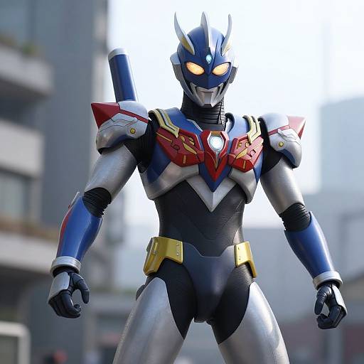 CGI image of a vibrant, futuristic armored superhero with blue, silver, and red suit, glowing orange eyes, standing in a blurred urban background.