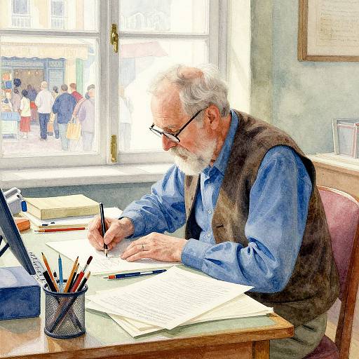 Elderly man with white beard and glasses, wearing blue shirt and brown vest, writes at sunlit window table, surrounded by pens and papers.