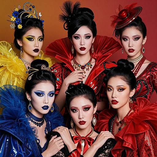 Photograph of five Asian women in vibrant, elaborate Victorian-inspired costumes with bold colors, dramatic makeup, and elaborate hairstyles, against a red-orange gradient background