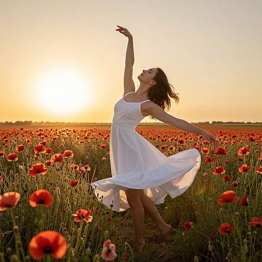 Photograph of a woman in a flowing white dress dancing in a sunlit poppy field, her arms raised gracefully against a golden sunset.