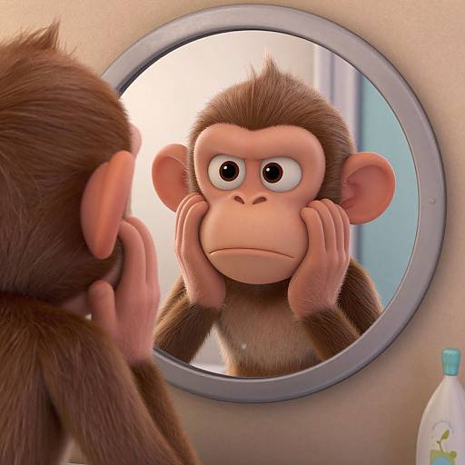 CGI image of a wide-eyed, brown-furred monkey with hands on cheeks, staring at itself in a round mirror. Background: bathroom, blue