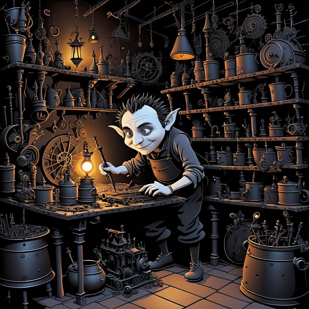 Whimsical Goblin Blacksmith in Attic Workshop