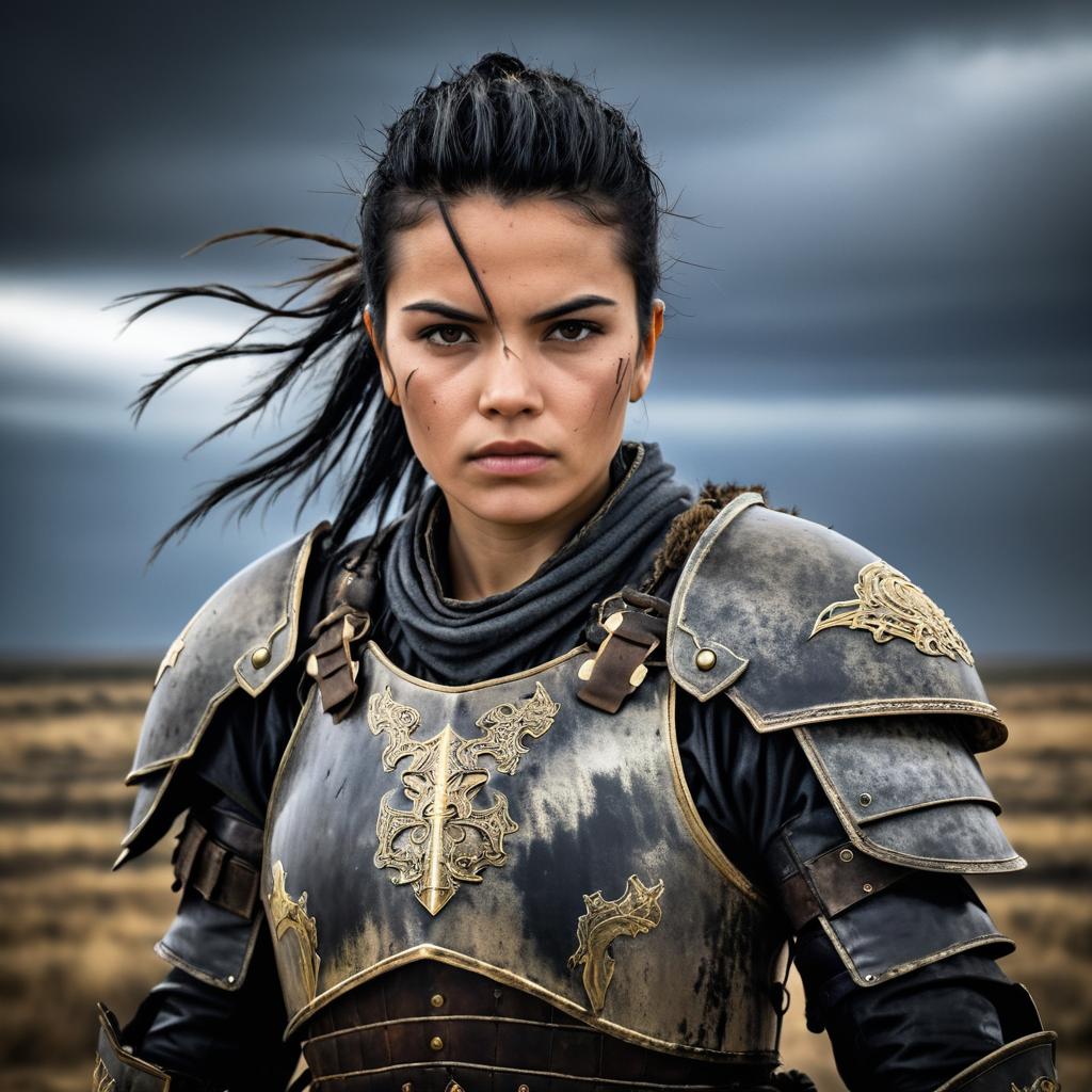 Fierce Female Warrior on Desolate Battlefield