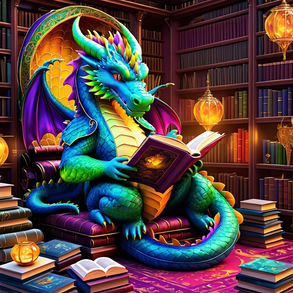 Cozy Library Dragon Reading a Book