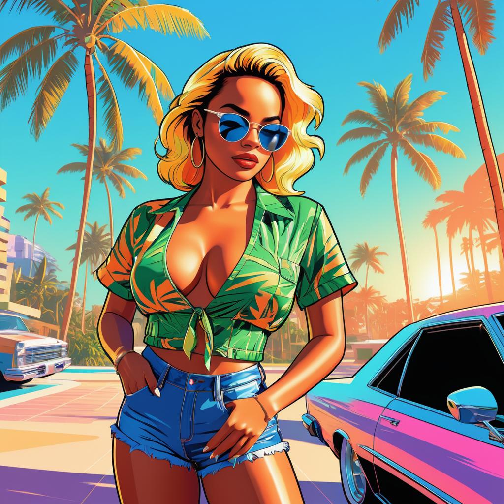 Cartoon Style Hot Girl with Palm Trees