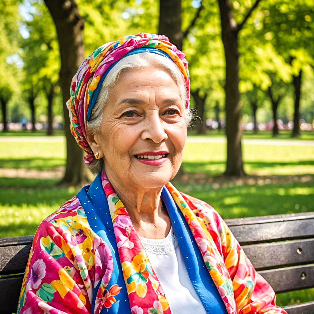 Cheerful Elderly Woman in Sunny Park