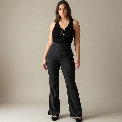 Photograph of a confident woman with long brown hair, wearing a black lace-up sleeveless top and high-waisted black pinstriped pants
