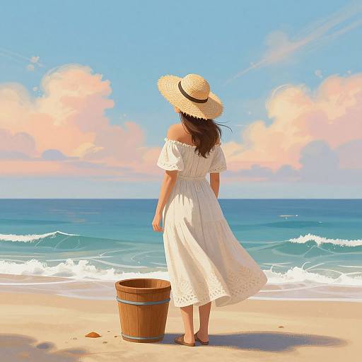 Digital artwork of a woman in a white off-shoulder dress and straw hat standing on a sunny beach, facing the ocean, with a wooden bucket