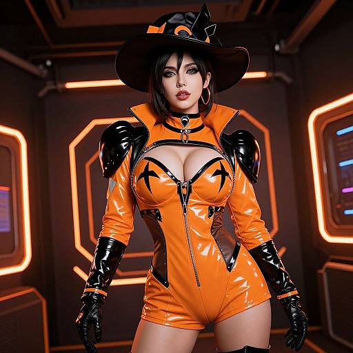 Digital artwork of an Asian woman in a shiny orange latex bodysuit with black accents, black gloves, and a wide-brimmed hat, standing
