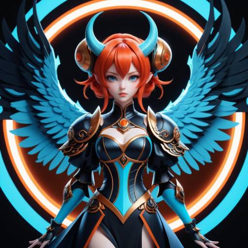 Fantasy Warrior Angel with Blue Wings and Horns