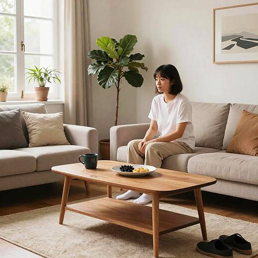 Woman Sitting on Couch in Cozy Living Room