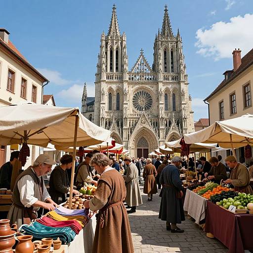Vibrant medieval market scene with vendors in period clothing, colorful goods, and a grand Gothic cathedral in the bright blue sky.