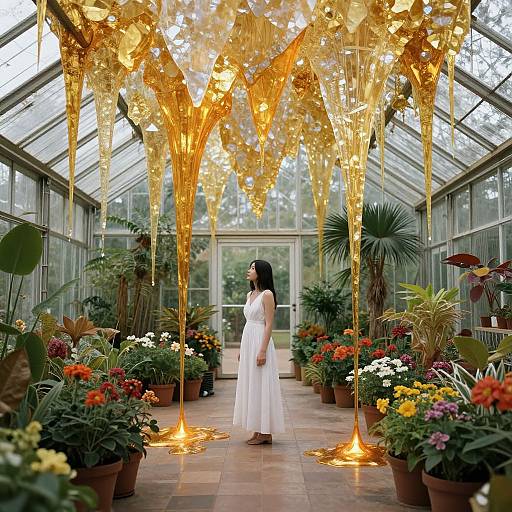 Photograph of a woman in a white dress standing in a sunlit greenhouse, surrounded by colorful flowers and hanging golden leaves.