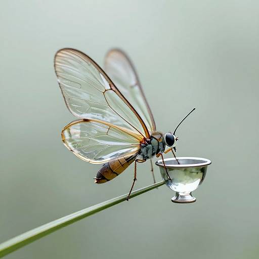 Photograph of a delicate, translucent fly with orange-tipped wings perched on a green blade, sipping water from a tiny glass cup. Bl