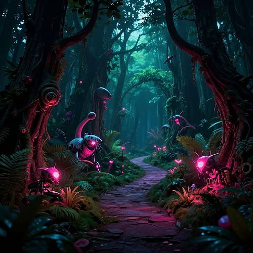 Digital art of a neon-lit, mystical forest with glowing pink mushrooms, bioluminescent creatures, and a winding path, illuminated by vibrant,