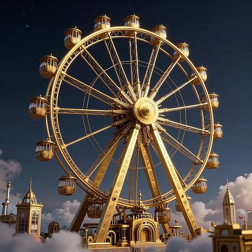 Photorealistic CGI of a glowing golden Ferris wheel against a dark blue sky, with surrounding buildings and clouds.