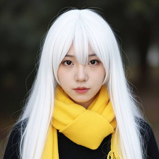 Photograph of an East Asian woman with long, white hair, wearing a yellow scarf and black top, against a blurred dark background.