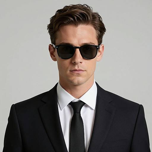 Photograph of a handsome man with slicked-back brown hair, wearing black sunglasses, a black suit, white shirt, and black tie, against a