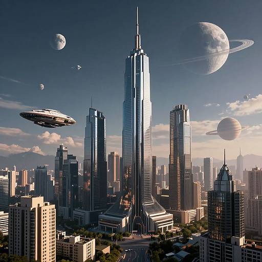 Futuristic Cityscape with Floating Spaceship