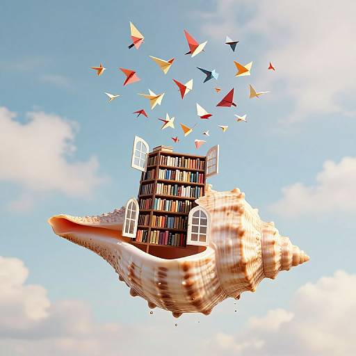 Digital art: Floating seashell-shaped library with open windows, colorful paper kites flying above, set against a bright blue sky with fluffy clouds.