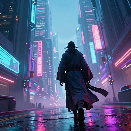 Wandering Sage in Futuristic Neon City