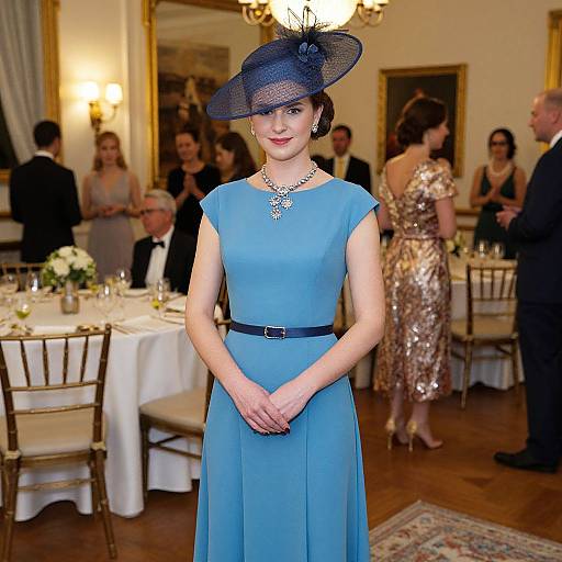 Photograph of a woman in a blue dress and black hat, standing in an elegant, well-lit ballroom with other formally dressed guests.
