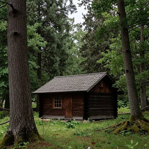 Solitary Wooden Cabin in Ancient Forest