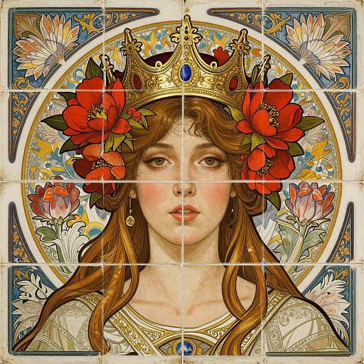Detailed, colorful digital drawing of a fair-skinned woman with brown hair, crowned with a gold crown adorned with red flowers, surrounded by floral patterns on