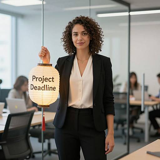 Photograph of a curly-haired woman in a black blazer and white blouse, holding a paper lantern reading 
