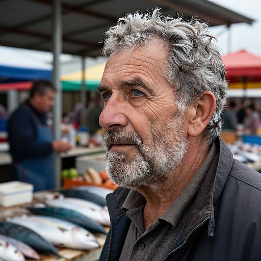 Photograph of a weathered, middle-aged man with curly gray hair and beard, wearing a black shirt, standing at a colorful outdoor market stall with