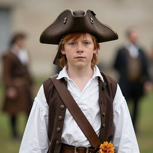 Photograph of a young boy with freckles, wearing a large brown tricorn hat, white shirt, brown vest, and brown belt, standing