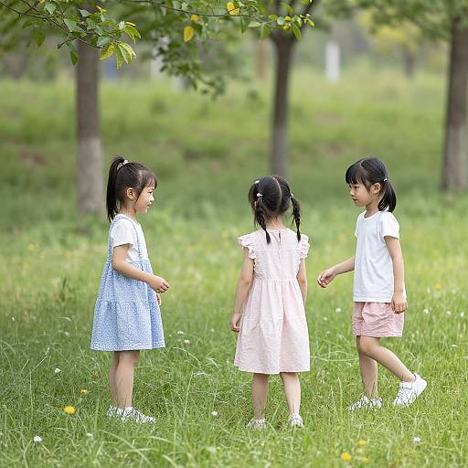 Photograph of three young Asian girls with black hair, wearing white and blue dresses, standing in a green, sunlit grassy park, talking and