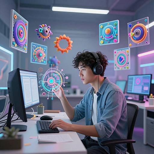 Photograph of a young man with curly hair, wearing headphones, sitting at a desk, interacting with colorful digital interfaces floating above. Modern, tech-filled
