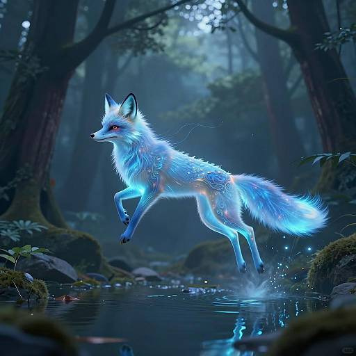 Glowing Blue Spirit Fox in Mystical Forest