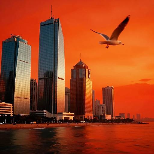 Photograph of a city skyline with tall, reflective skyscrapers bathed in a vivid orange-red sunset. A bird flies in the foreground over a