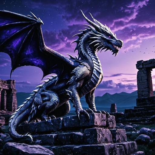 Silver Dragon on Ancient Ruins at Twilight