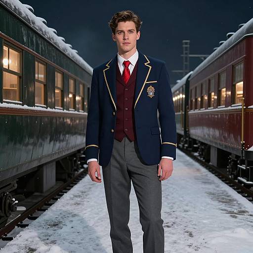Young Man in Polar Express Inspired Costume on Snowy Train Platform