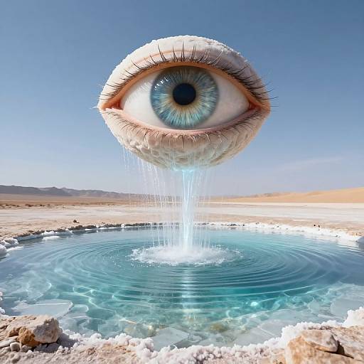Photorealistic CGI: A floating, large blue-eyed eye with water droplets, centered over a clear, rippling pool in a barren, desert