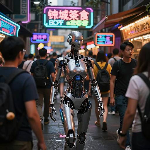Photograph of a futuristic, silver humanoid robot walking through a bustling, neon-lit urban street, surrounded by diverse, casually dressed pedestrians.