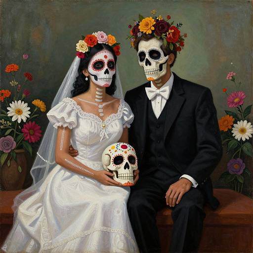 Digital painting of a couple in wedding attire, both with skull masks adorned with flowers, holding a decorated skull, surrounded by vibrant flowers.