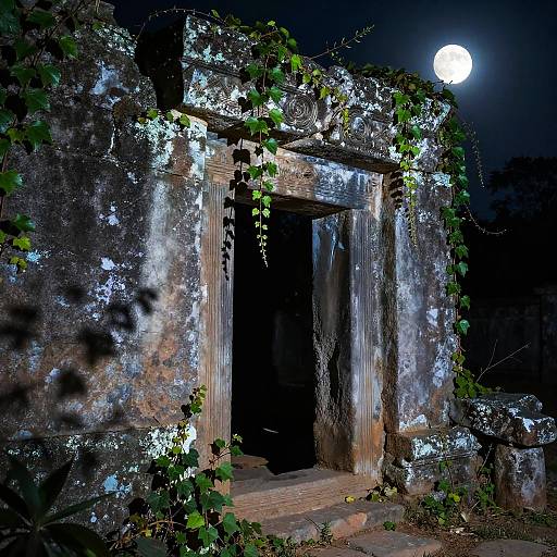 Naked Figure Behind Moonlit Stone Ruins