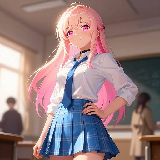 Anime-style digital illustration of a pink-haired girl with pink eyes, wearing a white shirt, blue tie, and blue plaid skirt, standing confidently in