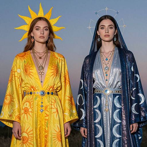 Photograph of two women in vibrant, cosmic-inspired clothing: one in a yellow sun-patterned robe with sun headpiece, the other in a blue