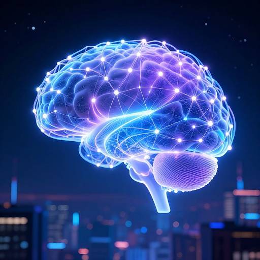 Digital CGI image of a glowing, blue and purple brain with neon-like lights against a dark, cityscape background at night.