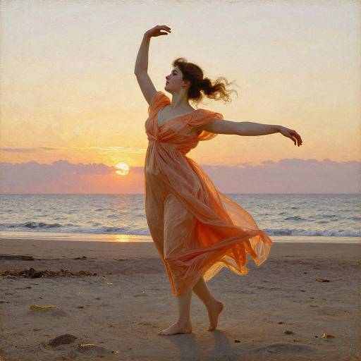 Photograph of a woman in a flowing, orange dress dancing on a beach at sunset, with the sun setting over the ocean.