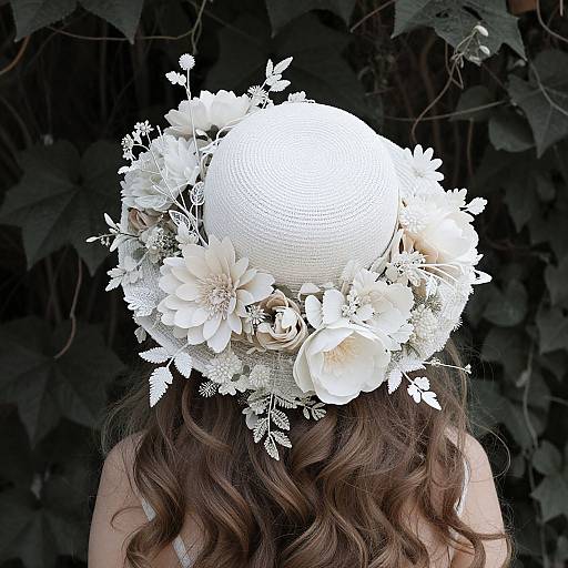 Photograph of a woman with wavy brown hair wearing a white, textured hat adorned with large white flowers and greenery, against a dark leafy