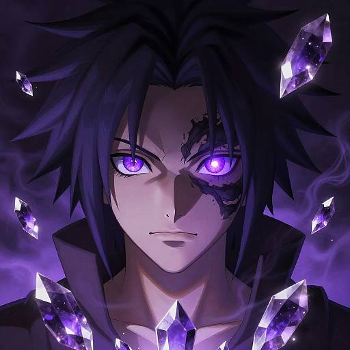 Digital anime artwork of a dark-haired, purple-eyed male character with glowing crystals floating around him and a black, smoky tattoo on his cheek. Background