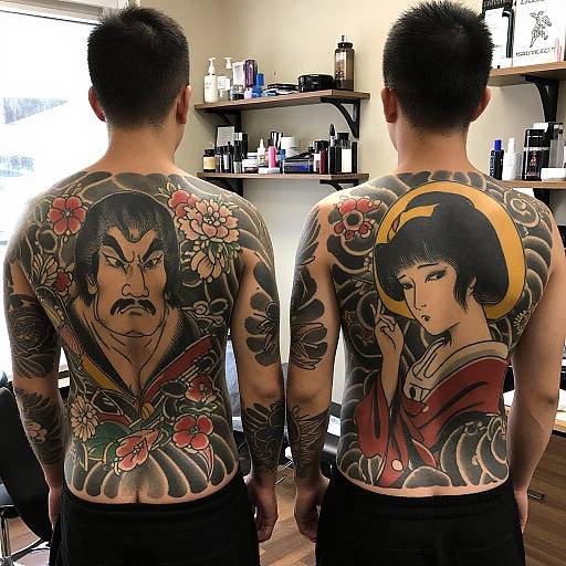 Photograph of two Asian men with extensive back tattoos, one featuring a fierce samurai and flowers, the other a serene geisha with a golden halo
